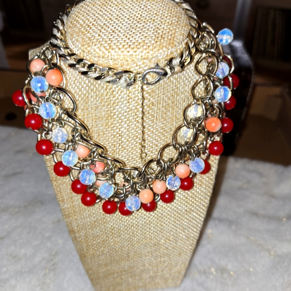 **3/$10**  Chic Silver Chain Necklace with Red and Blue Beads